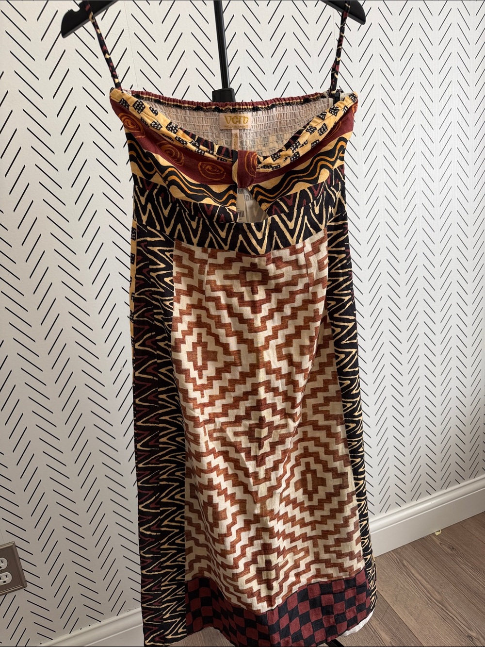 Vero Moda Brown & Black Patterned Maxi strapless dress Anthropologie